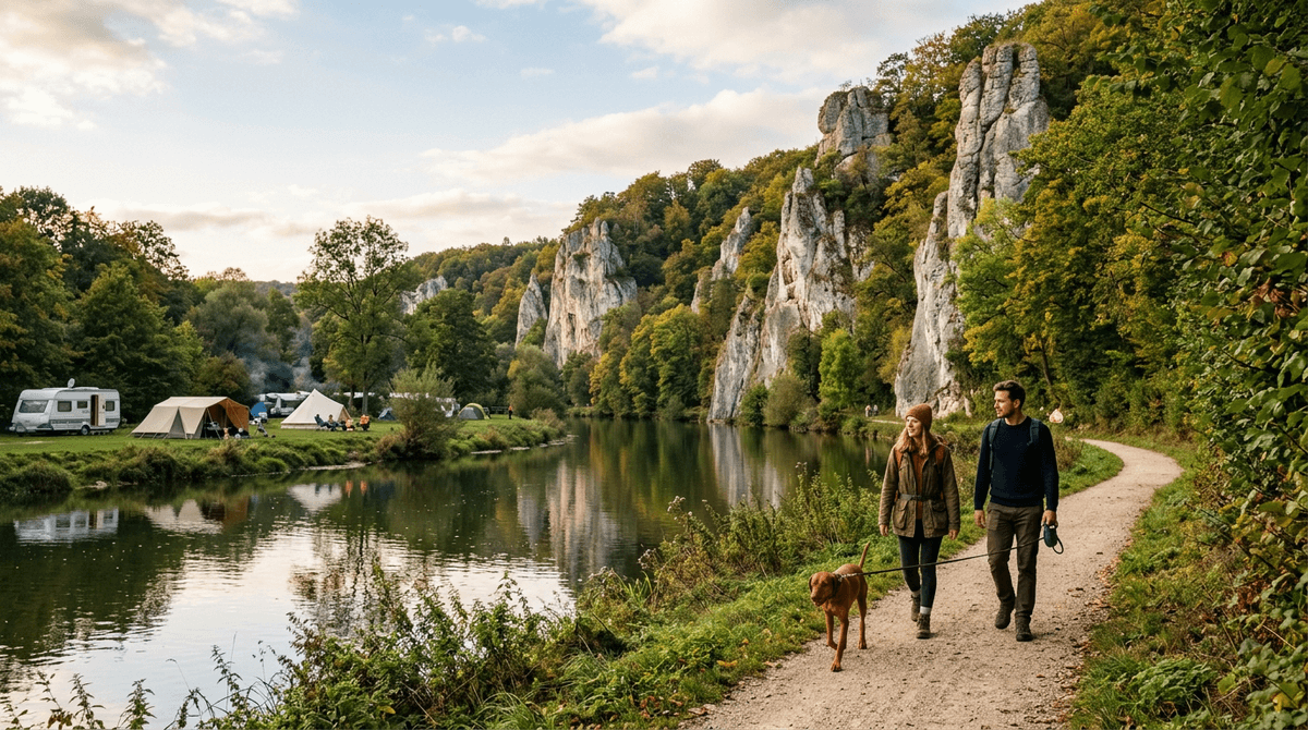 Ruhige Talaufnahme im Altmuehltal mit Fluss, Campingplatz und Hund auf einem naturnahen Weg.