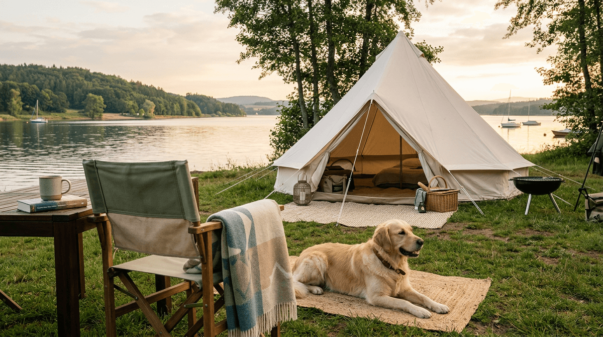 Hochwertige sommerliche Campszene am Brombachsee mit Hund im Vordergrund und ruhigem Wasser im Morgenlicht.