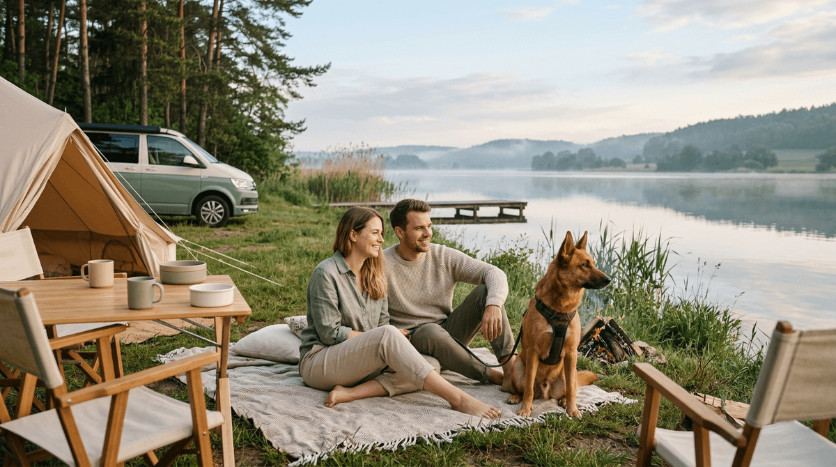 Editoriale Reiseaufnahme mit Campervan, Hund und ruhigem Morgenlicht im Seenland rund um Nuernberg.