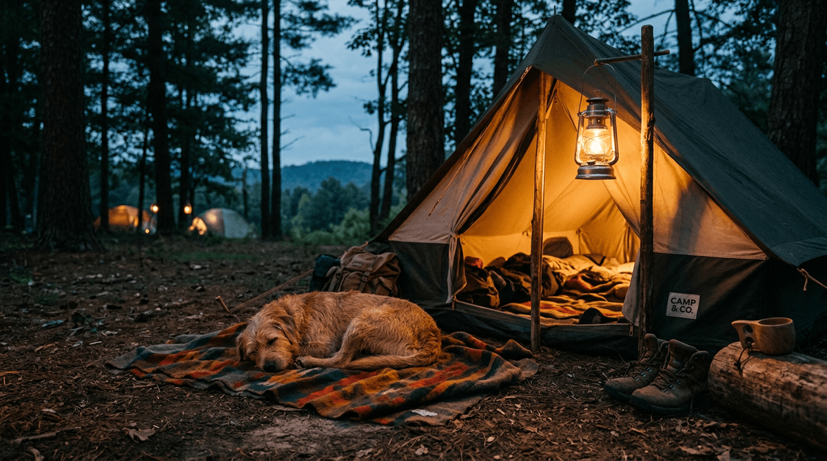 Warme Abendstimmung auf einem ruhigen Campingplatz mit Hund, der sich in eine Decke kuschelt.