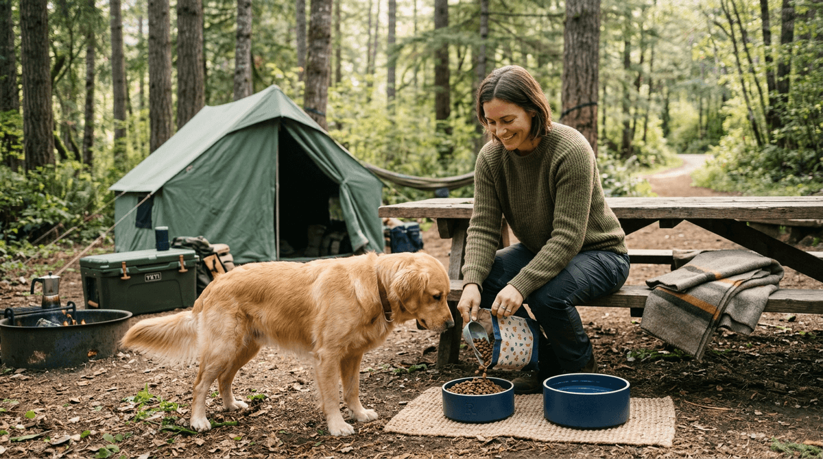 Sauber vorbereiteter Futterplatz fuer Hunde auf einem Campingplatz mit Napf, Wasser und kleiner Kuehlbox.