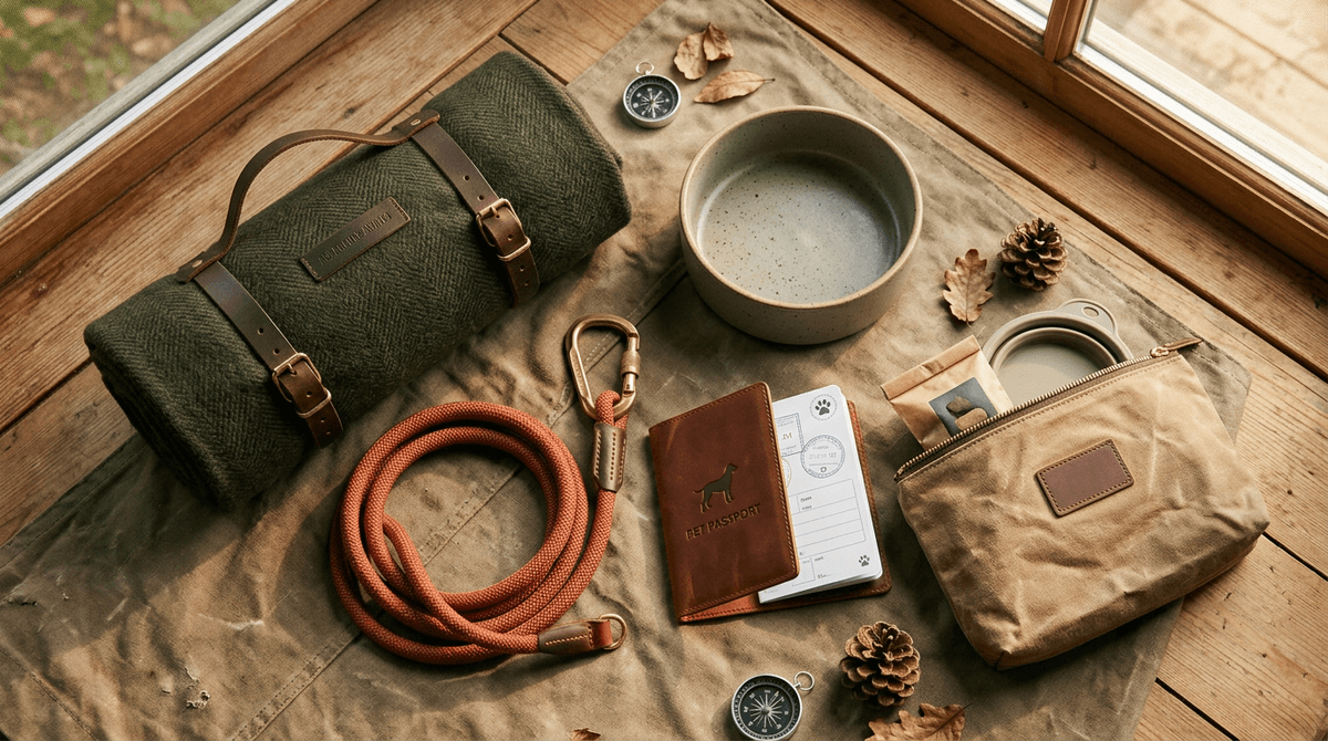 Sauber gepackte Hundecamping-Ausrüstung mit Leine, Napf, Decke und Dokumenten auf einer hellen Unterlage.