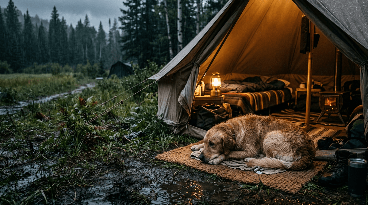 Regnerischer Campingplatz mit Hund auf trockener Matte und ruhiger Zeltvorderseite.