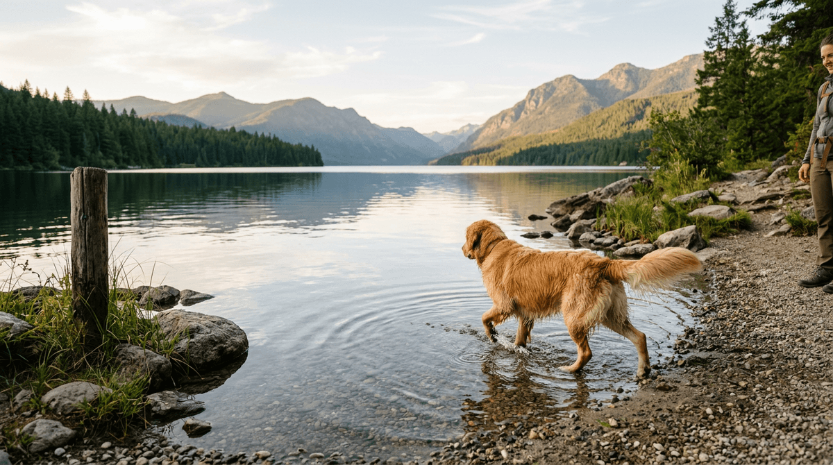 Ruhiger Seezugang mit Hund im flachen Wasser und sicherem Ufer im warmen Tageslicht.