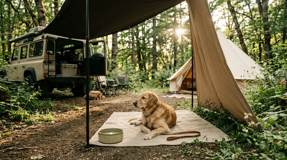 Sommerlicher Campingplatz im Schatten mit Hund neben Wasserschale und luftiger Ruhezone.