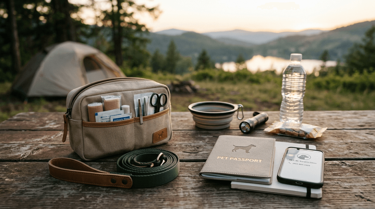 Klar organisierte Notfalltasche fuer Hundecamping mit Dokumenten und Tierarzt-Hinweis in ruhiger Lichtstimmung.